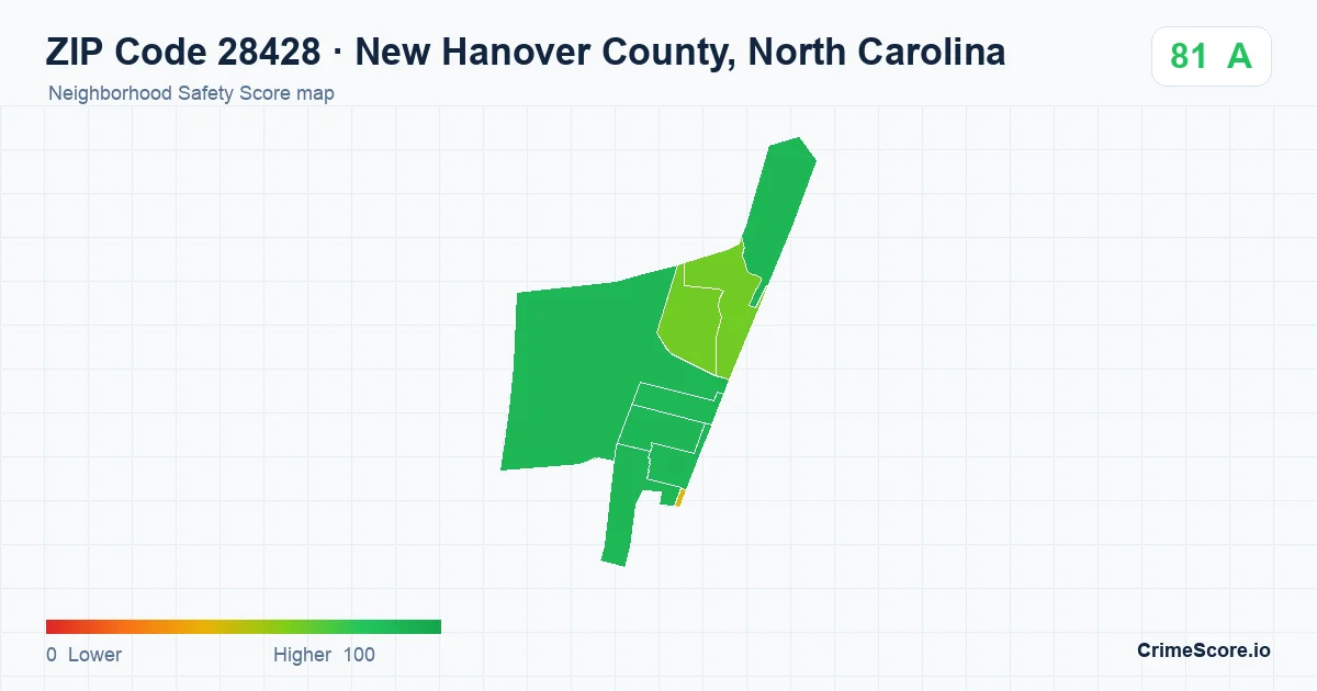 ZIP Code 28428 in New Hanover County, North Carolina neighborhood Safety Score map