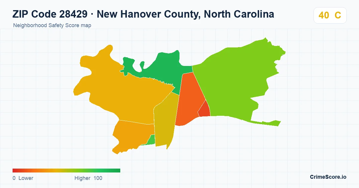 ZIP Code 28429 in New Hanover County, North Carolina neighborhood Safety Score map