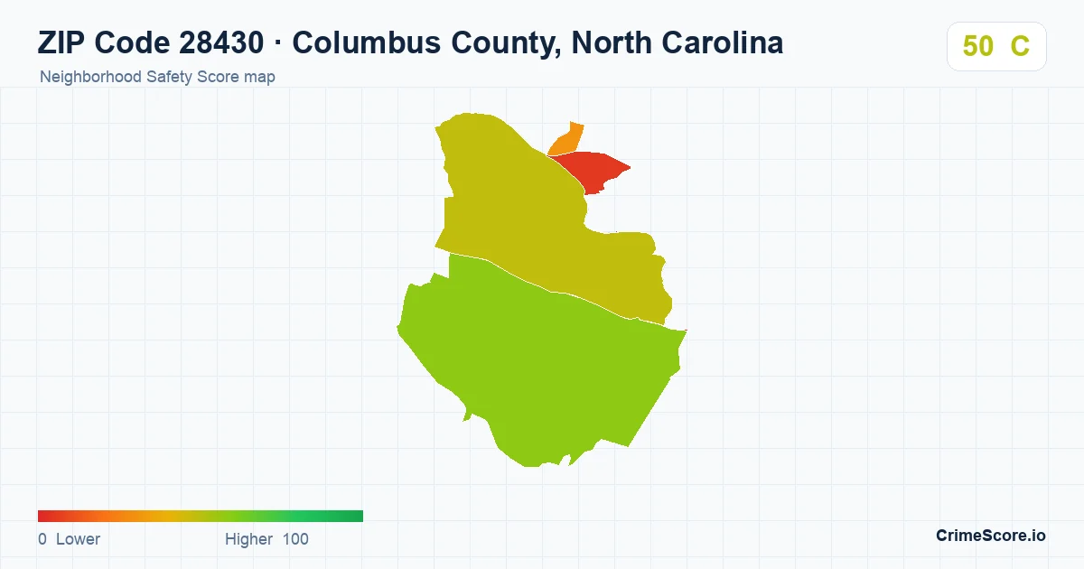 ZIP Code 28430 in Columbus County, North Carolina neighborhood Safety Score map