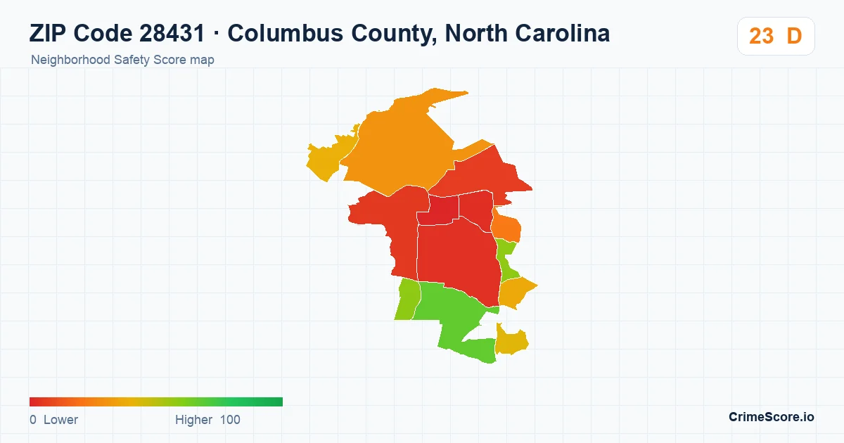ZIP Code 28431 in Columbus County, North Carolina neighborhood Safety Score map