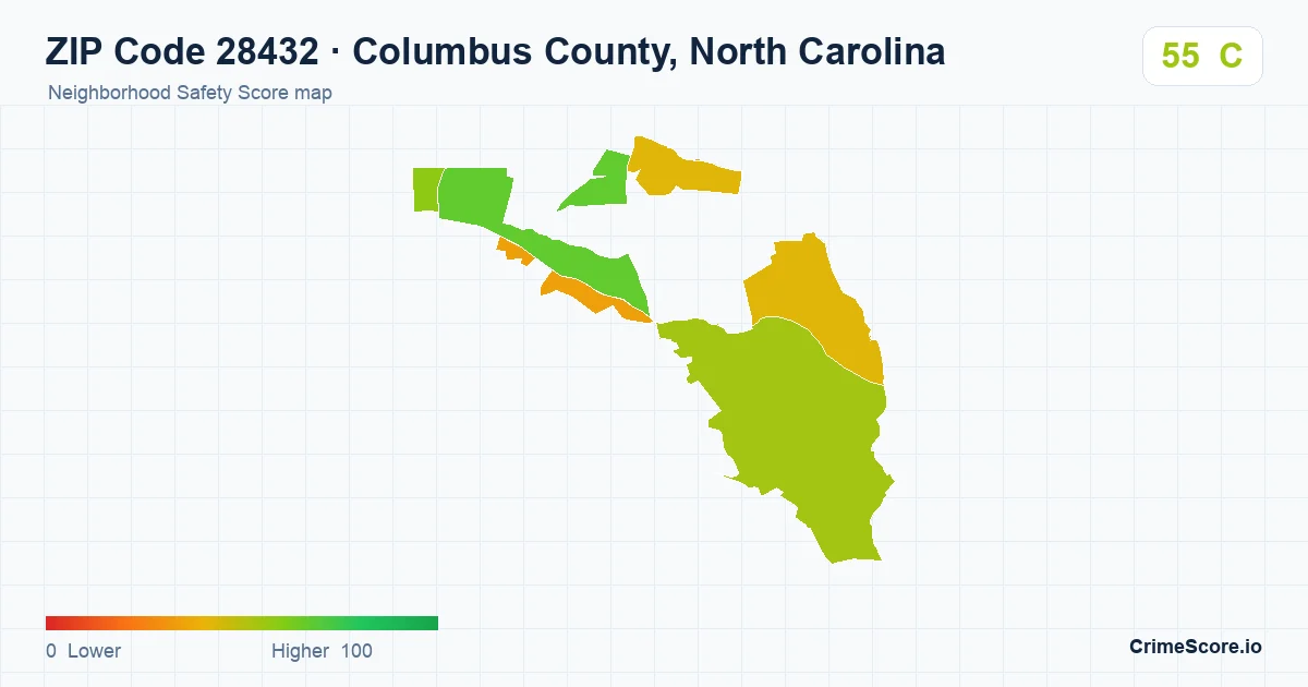 ZIP Code 28432 in Columbus County, North Carolina neighborhood Safety Score map