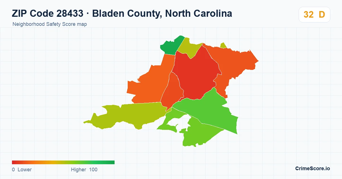 ZIP Code 28433 in Bladen County, North Carolina neighborhood Safety Score map