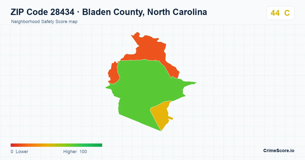 ZIP Code 28434 in Bladen County, North Carolina neighborhood Safety Score map