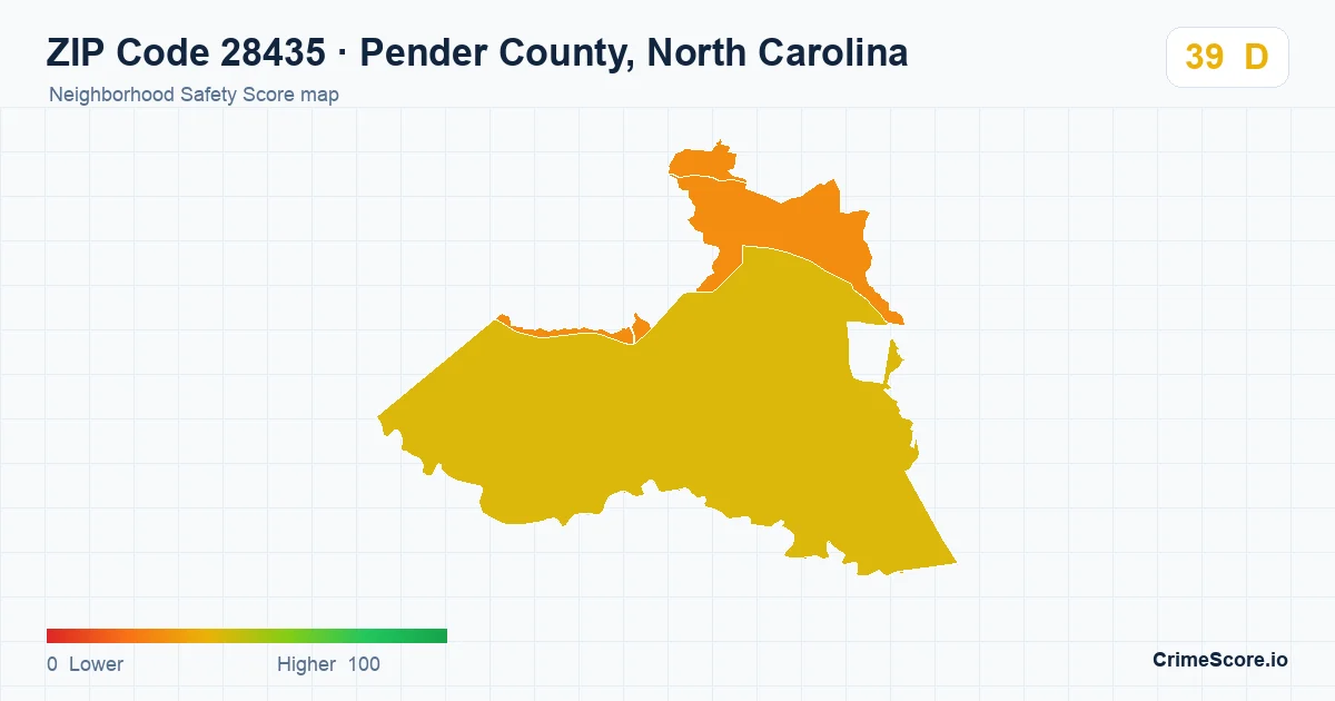 ZIP Code 28435 in Pender County, North Carolina neighborhood Safety Score map