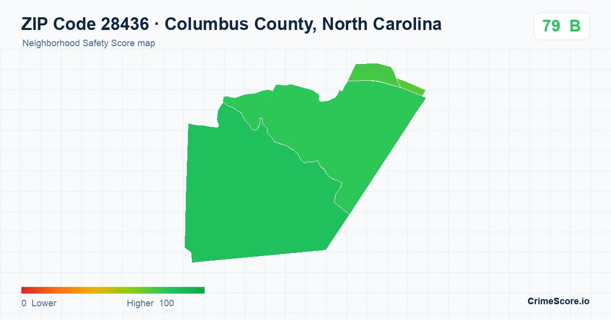ZIP Code 28436 in Columbus County, North Carolina neighborhood Safety Score map