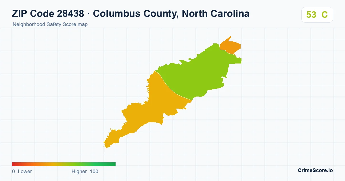 ZIP Code 28438 in Columbus County, North Carolina neighborhood Safety Score map