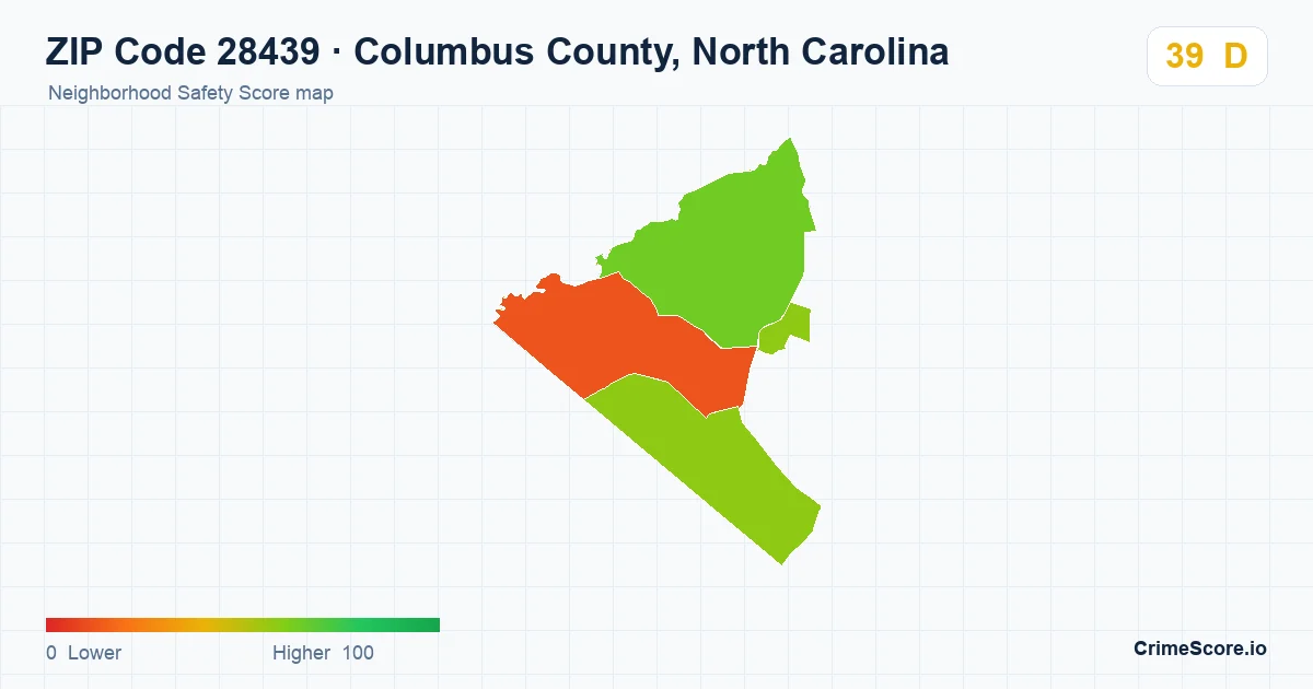 ZIP Code 28439 in Columbus County, North Carolina neighborhood Safety Score map
