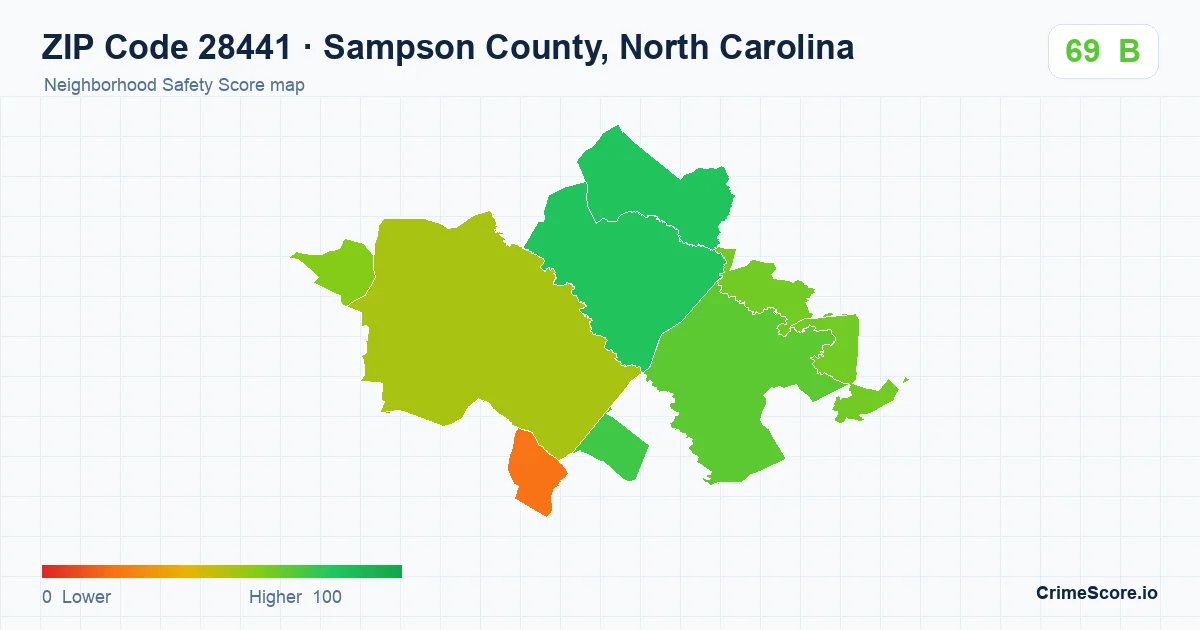 ZIP Code 28441 in Sampson County, North Carolina neighborhood Safety Score map