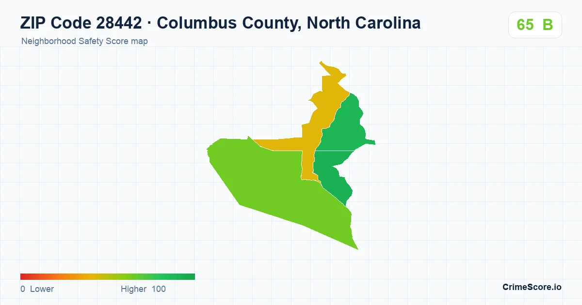 ZIP Code 28442 in Columbus County, North Carolina neighborhood Safety Score map
