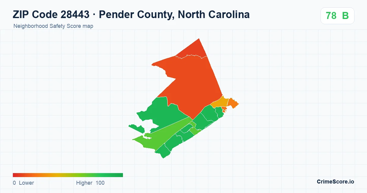 ZIP Code 28443 in Pender County, North Carolina neighborhood Safety Score map