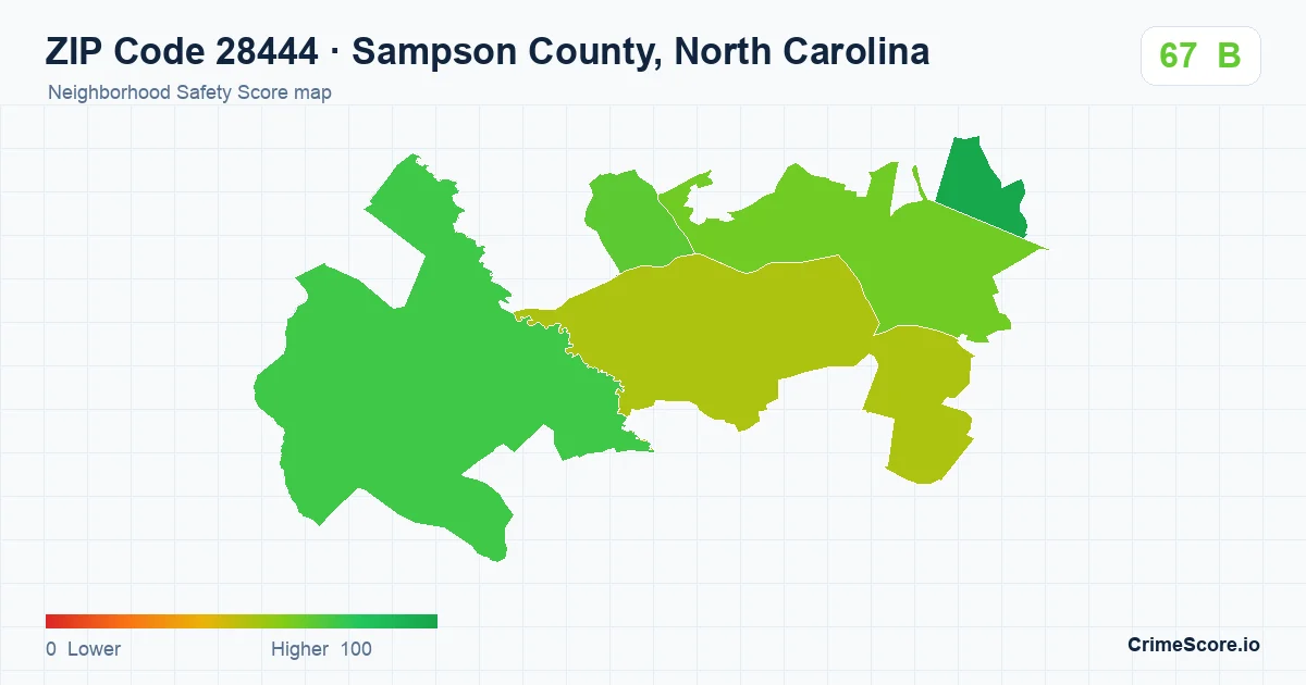 ZIP Code 28444 in Sampson County, North Carolina neighborhood Safety Score map