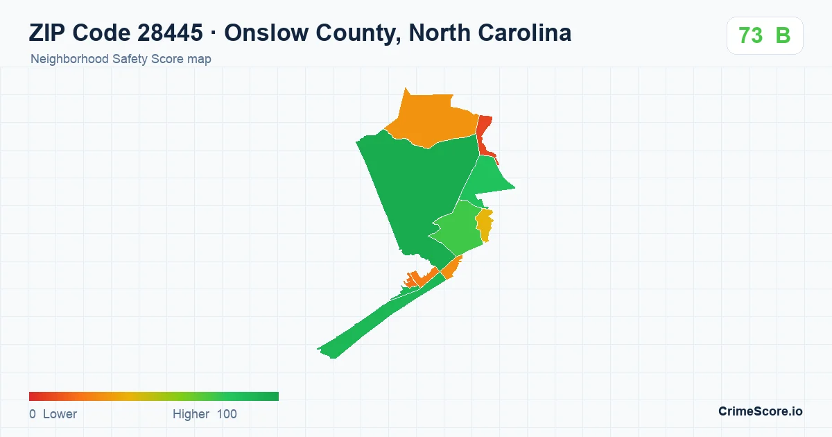 ZIP Code 28445 in Onslow County, North Carolina neighborhood Safety Score map