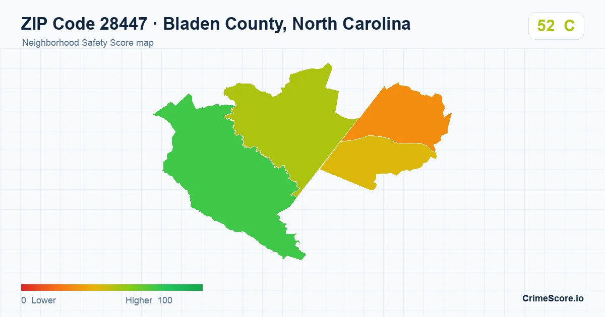 ZIP Code 28447 in Bladen County, North Carolina neighborhood Safety Score map