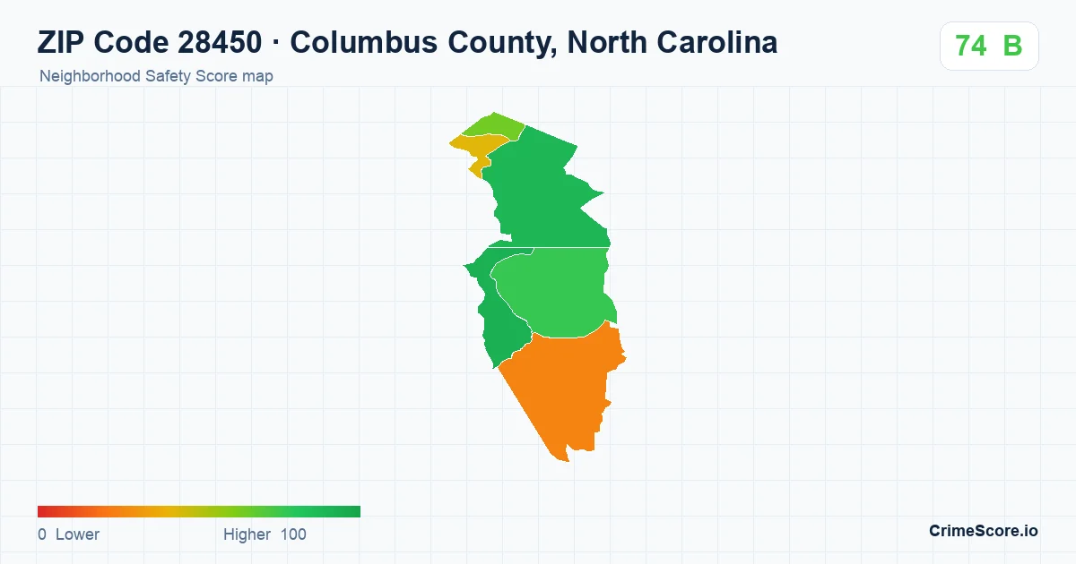 ZIP Code 28450 in Columbus County, North Carolina neighborhood Safety Score map