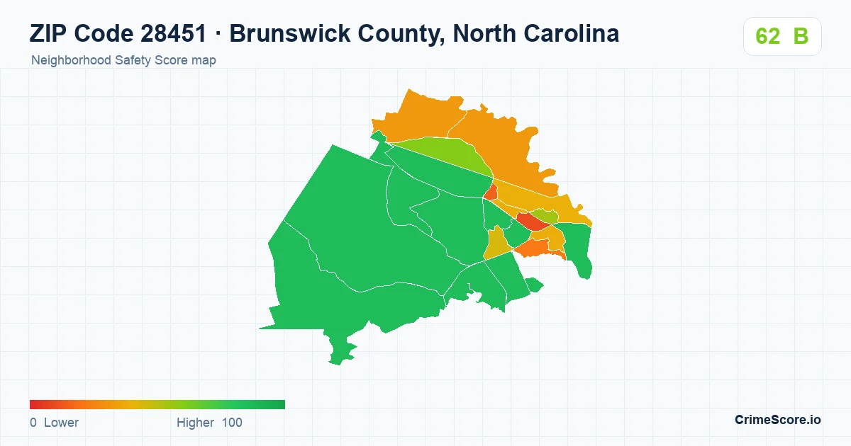ZIP Code 28451 in Brunswick County, North Carolina neighborhood Safety Score map