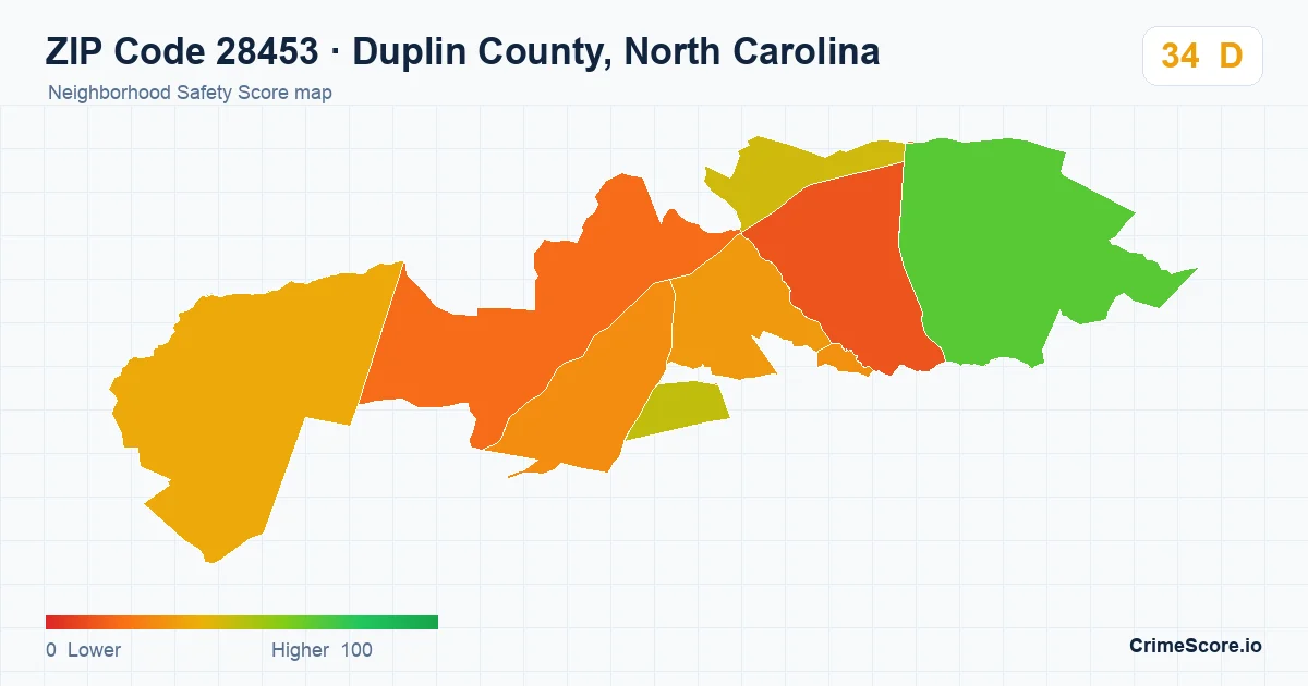 ZIP Code 28453 in Duplin County, North Carolina neighborhood Safety Score map