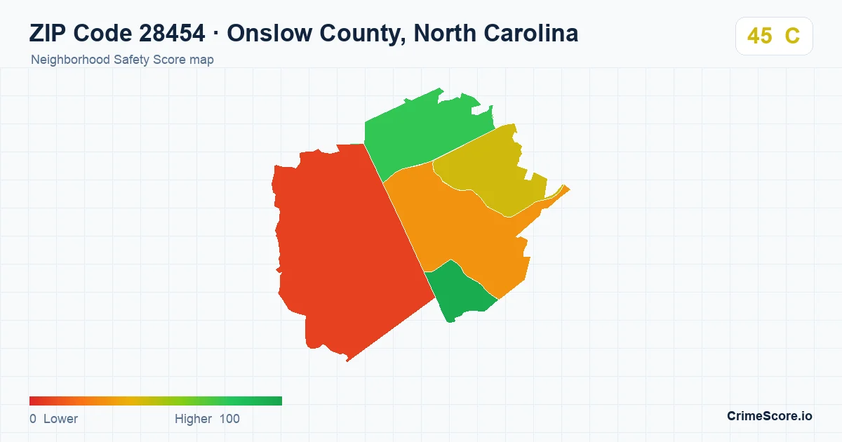 ZIP Code 28454 in Onslow County, North Carolina neighborhood Safety Score map