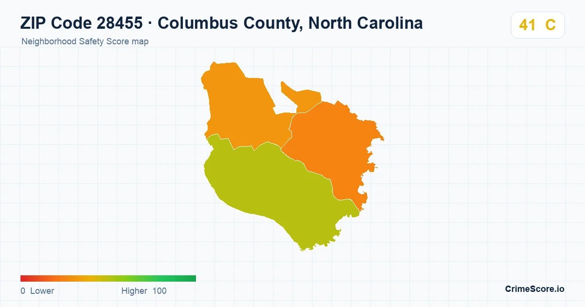 ZIP Code 28455 in Columbus County, North Carolina neighborhood Safety Score map