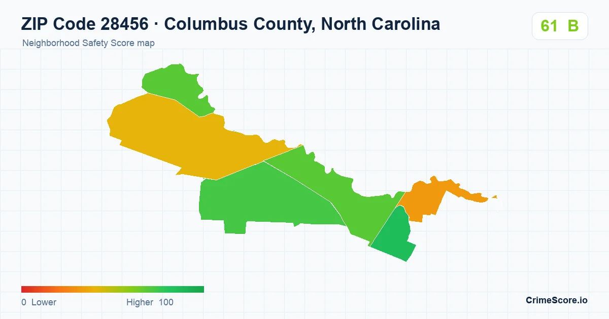 ZIP Code 28456 in Columbus County, North Carolina neighborhood Safety Score map