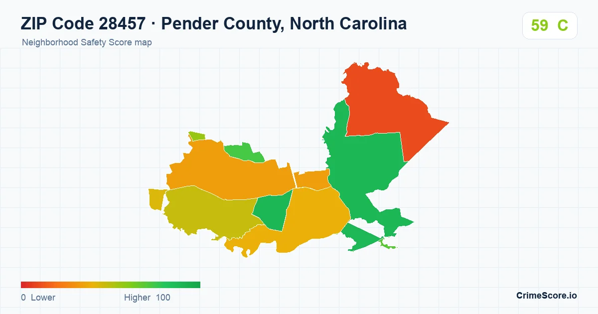 ZIP Code 28457 in Pender County, North Carolina neighborhood Safety Score map
