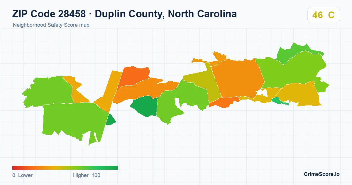 ZIP Code 28458 in Duplin County, North Carolina neighborhood Safety Score map