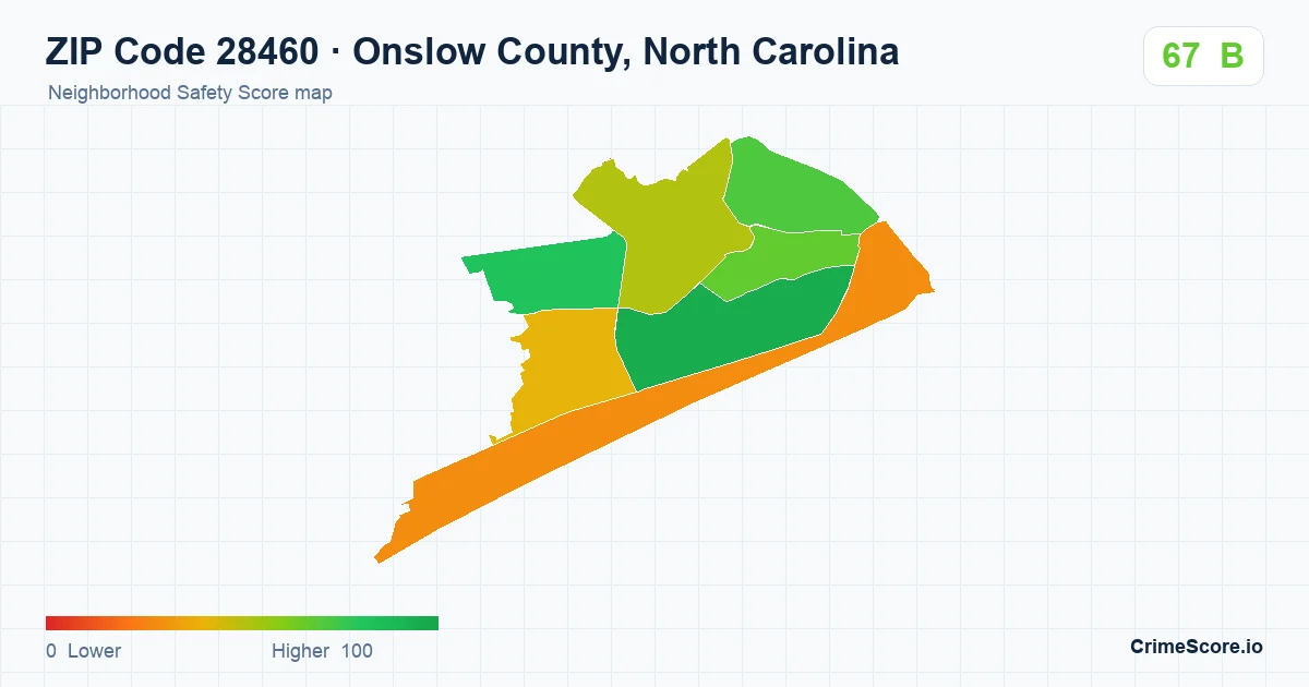 ZIP Code 28460 in Onslow County, North Carolina neighborhood Safety Score map