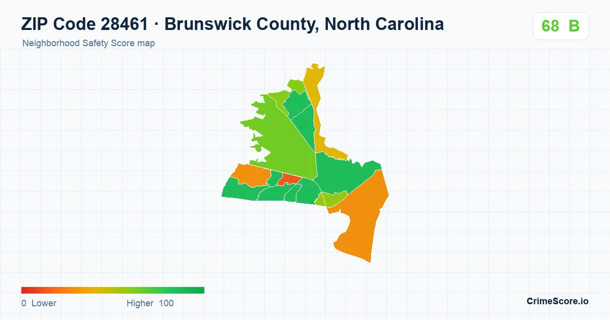ZIP Code 28461 in Brunswick County, North Carolina neighborhood Safety Score map