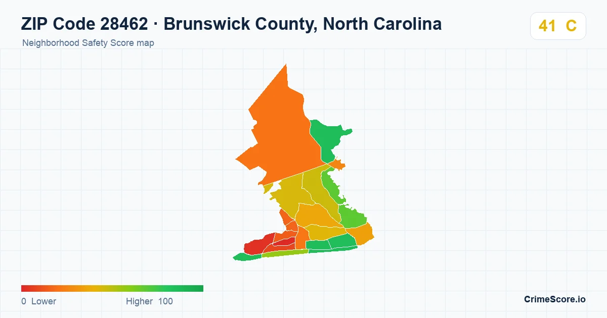 ZIP Code 28462 in Brunswick County, North Carolina neighborhood Safety Score map