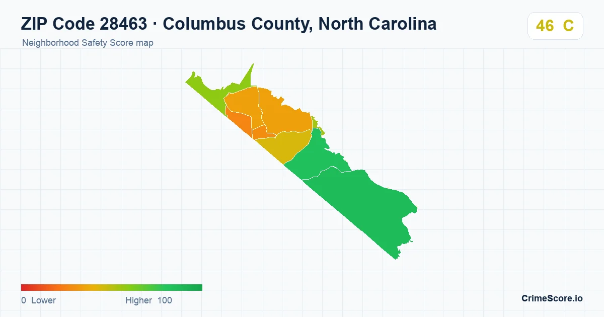 ZIP Code 28463 in Columbus County, North Carolina neighborhood Safety Score map