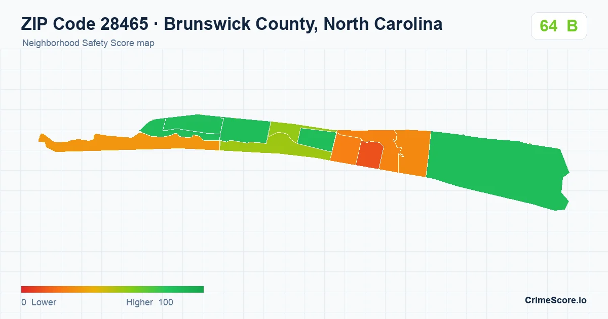 ZIP Code 28465 in Brunswick County, North Carolina neighborhood Safety Score map