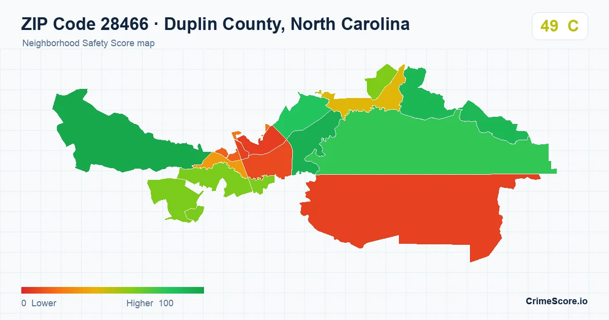 ZIP Code 28466 in Duplin County, North Carolina neighborhood Safety Score map