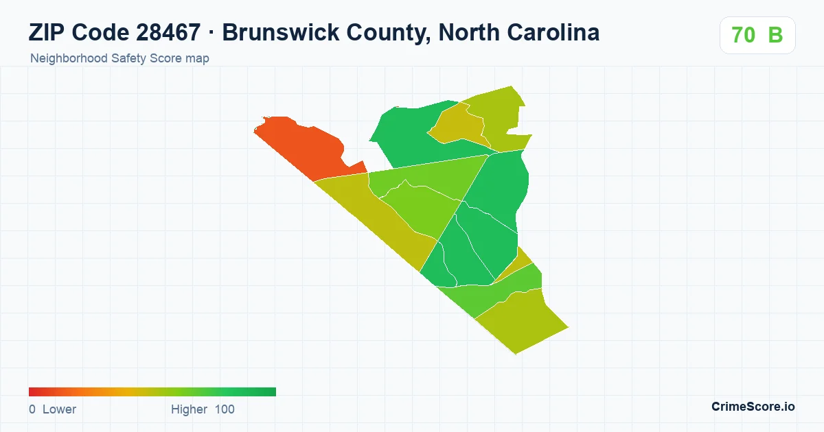 ZIP Code 28467 in Brunswick County, North Carolina neighborhood Safety Score map