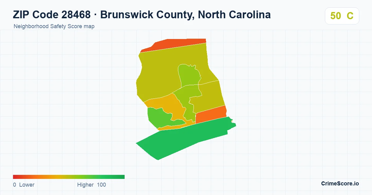 ZIP Code 28468 in Brunswick County, North Carolina neighborhood Safety Score map
