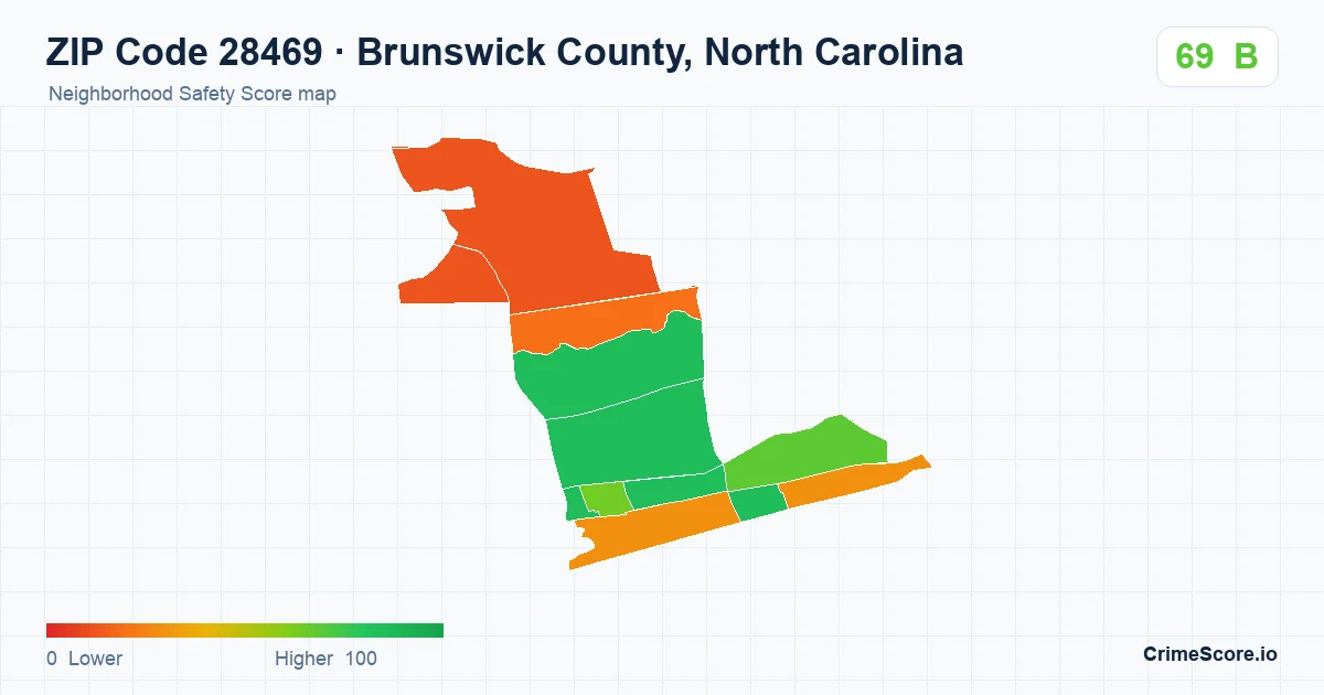 ZIP Code 28469 in Brunswick County, North Carolina neighborhood Safety Score map