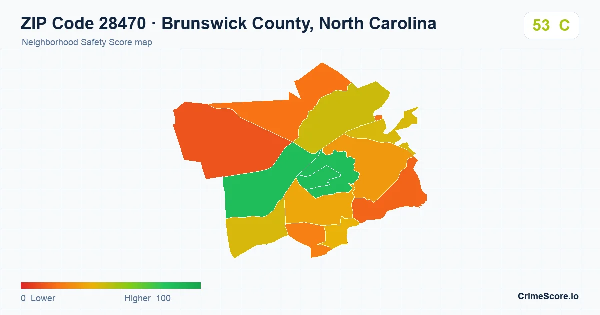 ZIP Code 28470 in Brunswick County, North Carolina neighborhood Safety Score map