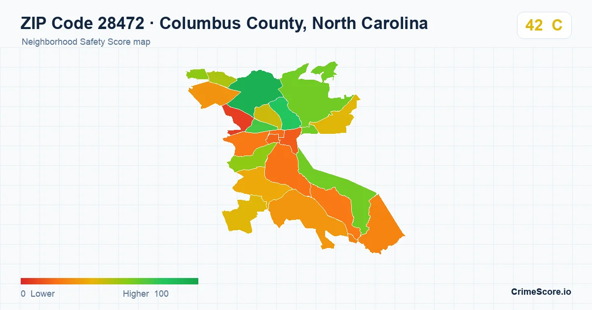 ZIP Code 28472 in Columbus County, North Carolina neighborhood Safety Score map