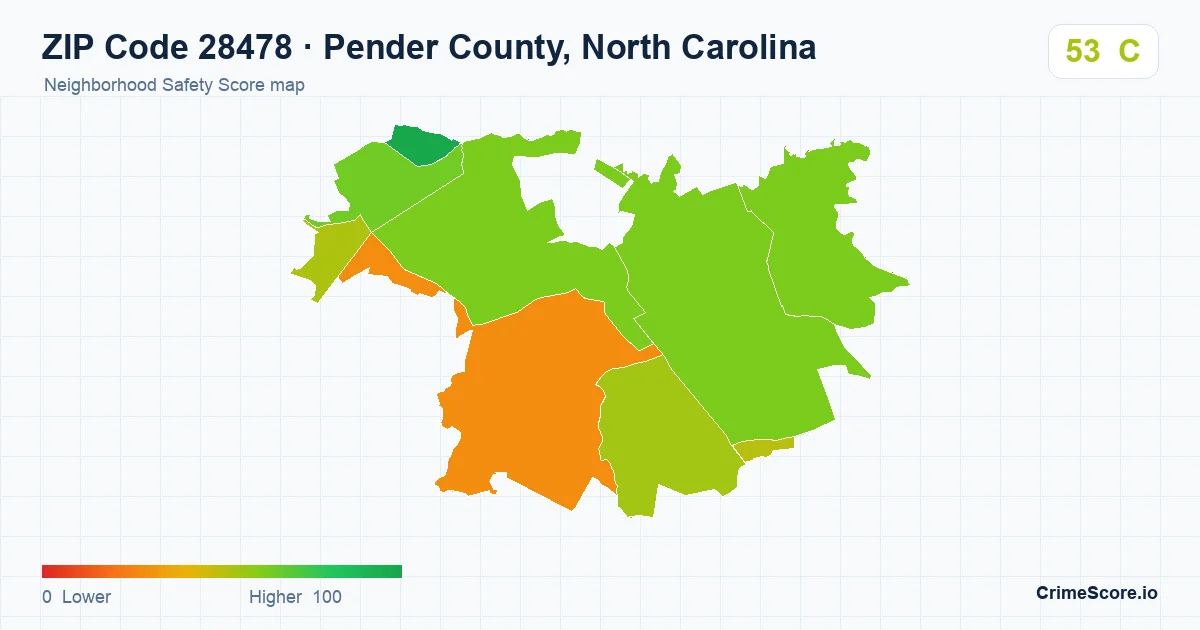 ZIP Code 28478 in Pender County, North Carolina neighborhood Safety Score map
