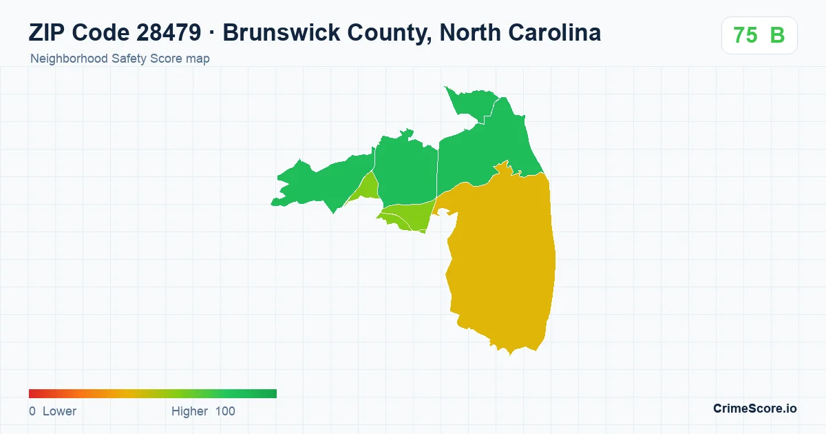 ZIP Code 28479 in Brunswick County, North Carolina neighborhood Safety Score map