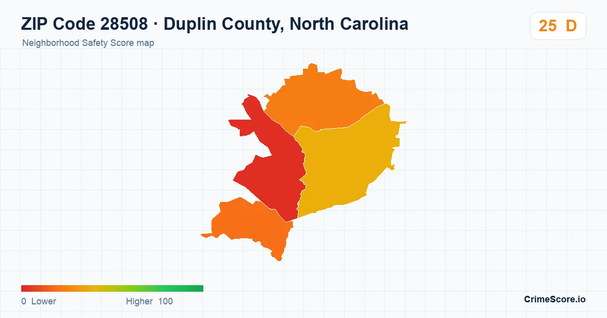 ZIP Code 28508 in Duplin County, North Carolina neighborhood Safety Score map