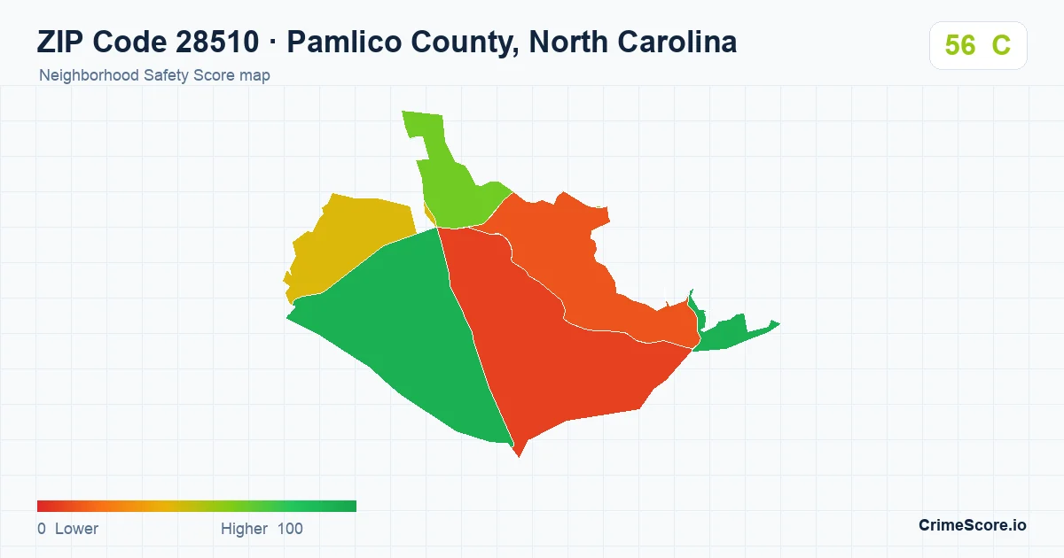 ZIP Code 28510 in Pamlico County, North Carolina neighborhood Safety Score map
