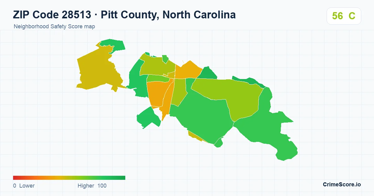 ZIP Code 28513 in Pitt County, North Carolina neighborhood Safety Score map