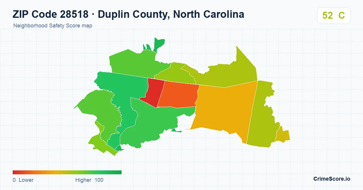 ZIP Code 28518 in Duplin County, North Carolina neighborhood Safety Score map