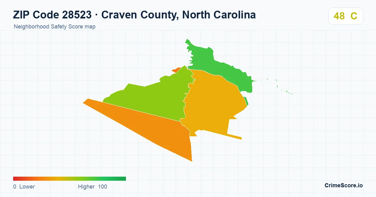 ZIP Code 28523 in Craven County, North Carolina neighborhood Safety Score map