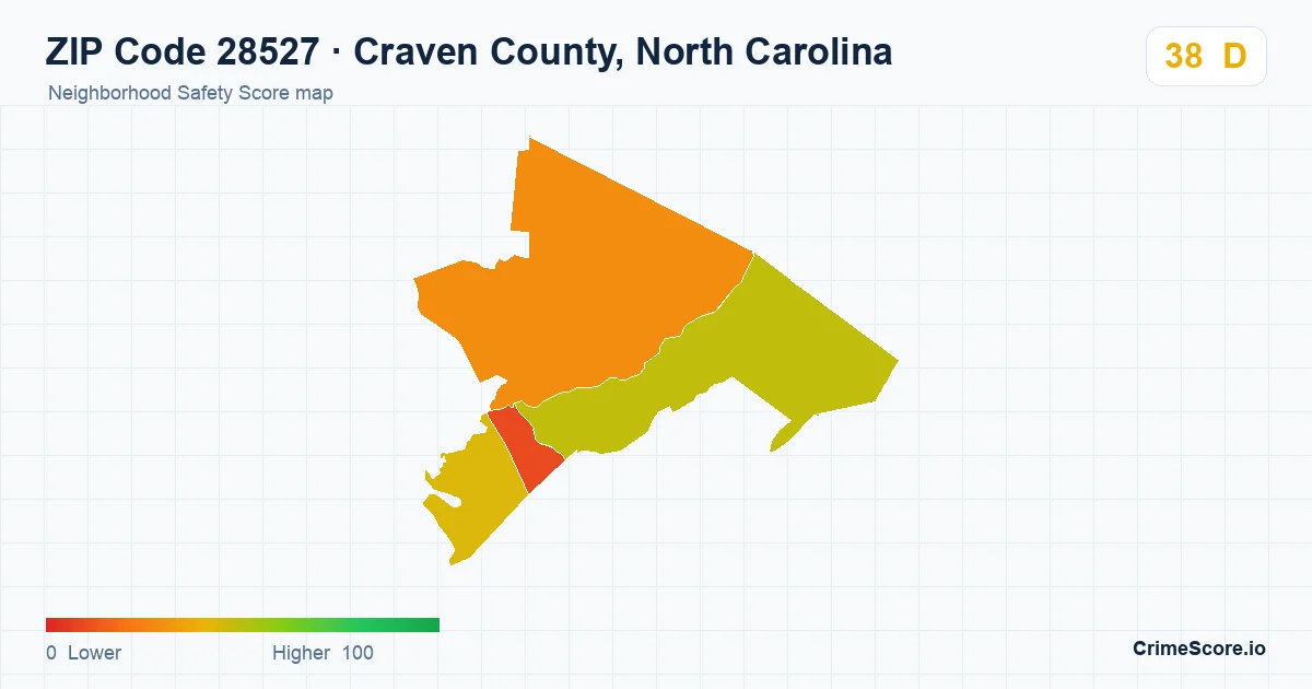 ZIP Code 28527 in Craven County, North Carolina neighborhood Safety Score map