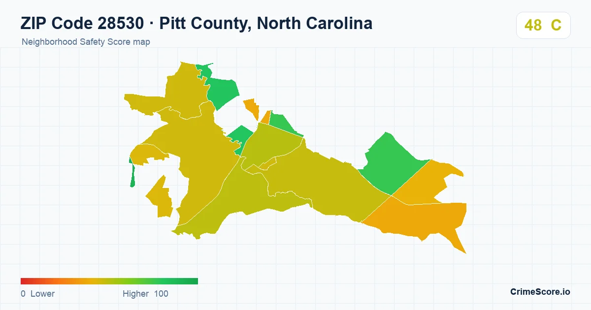 ZIP Code 28530 in Pitt County, North Carolina neighborhood Safety Score map