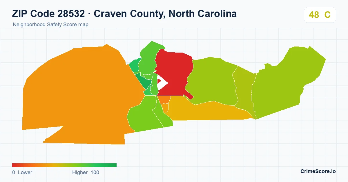 ZIP Code 28532 in Craven County, North Carolina neighborhood Safety Score map