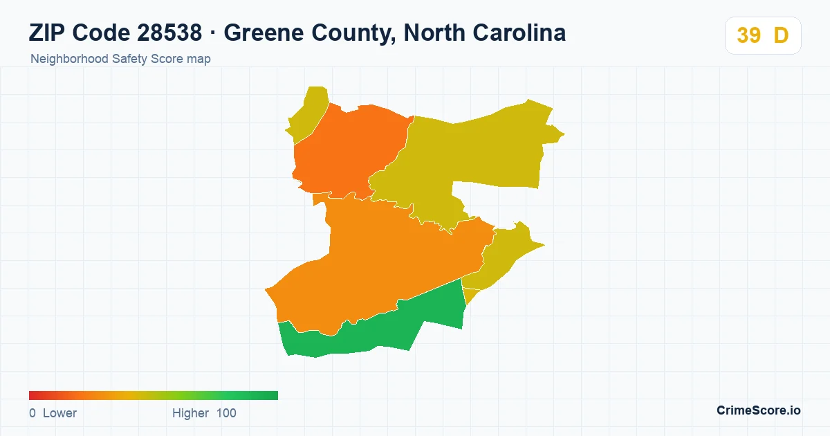 ZIP Code 28538 in Greene County, North Carolina neighborhood Safety Score map