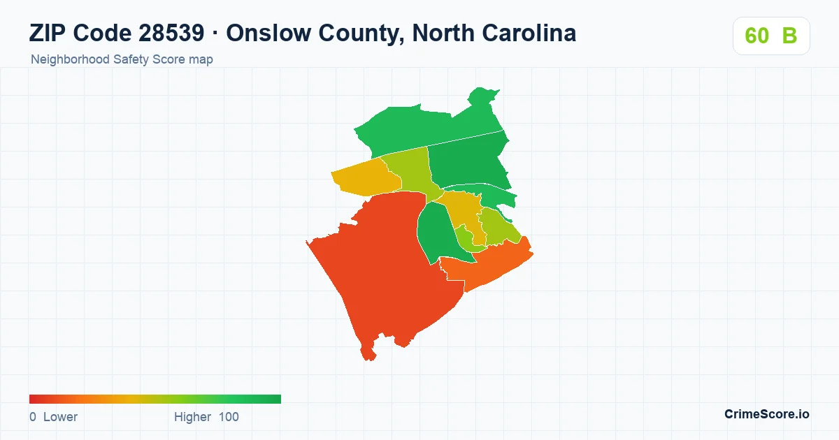 ZIP Code 28539 in Onslow County, North Carolina neighborhood Safety Score map