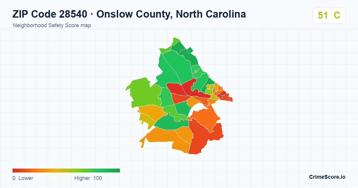ZIP Code 28540 in Onslow County, North Carolina neighborhood Safety Score map