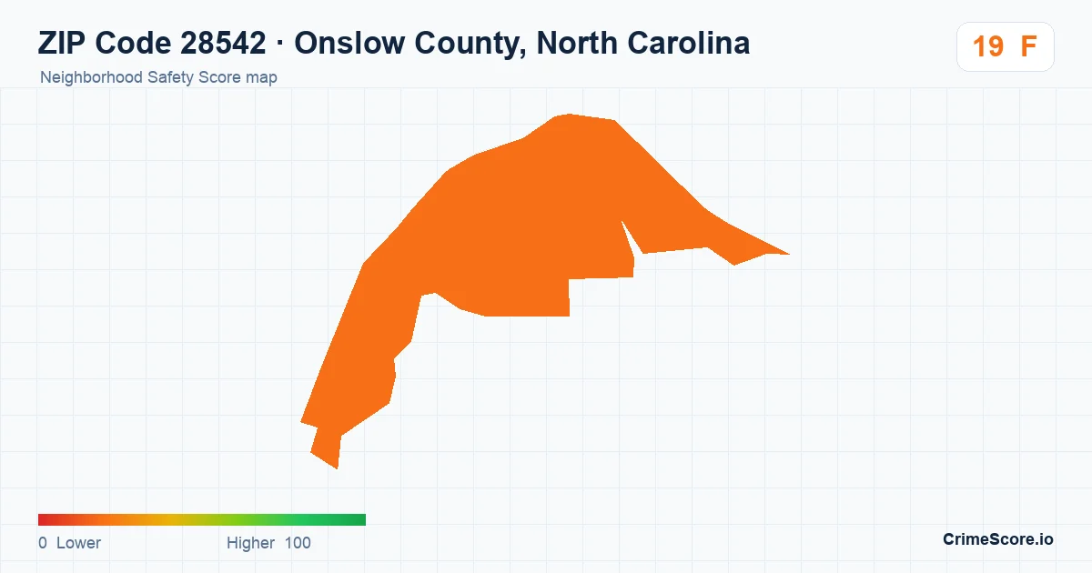 ZIP Code 28542 in Onslow County, North Carolina neighborhood Safety Score map